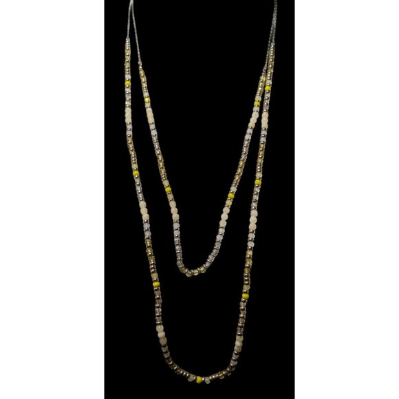 Yellow Silver Tone And White Beaded Multilayer Necklace - Picture 2 of 9